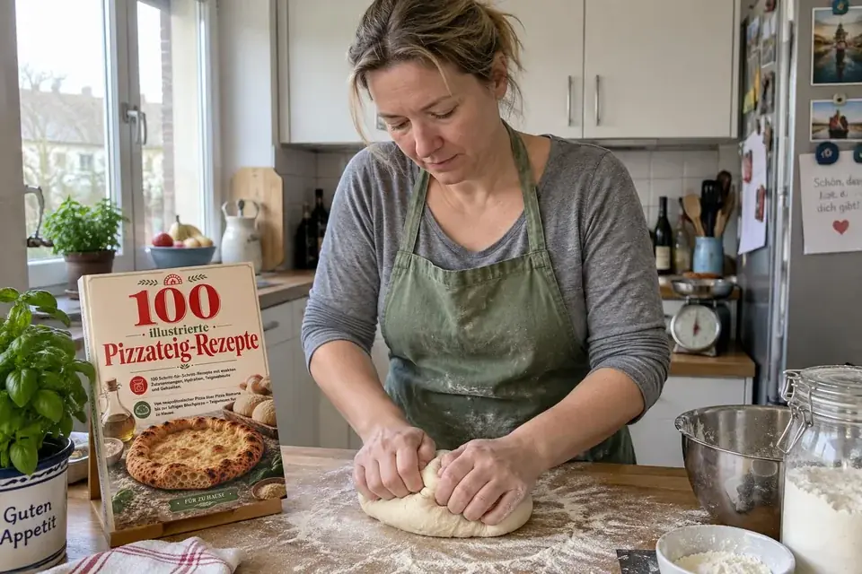 Eine Frau knetet zu Hause Pizzateig neben dem illustrierten Pizzateig-Rezeptbuch