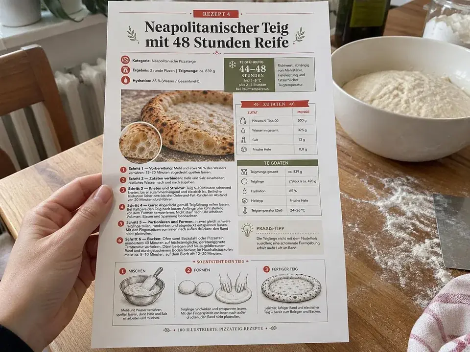 Eine Hand hält das ausgedruckte A4-Rezept für Pizzateig mit 48 Stunden Reife