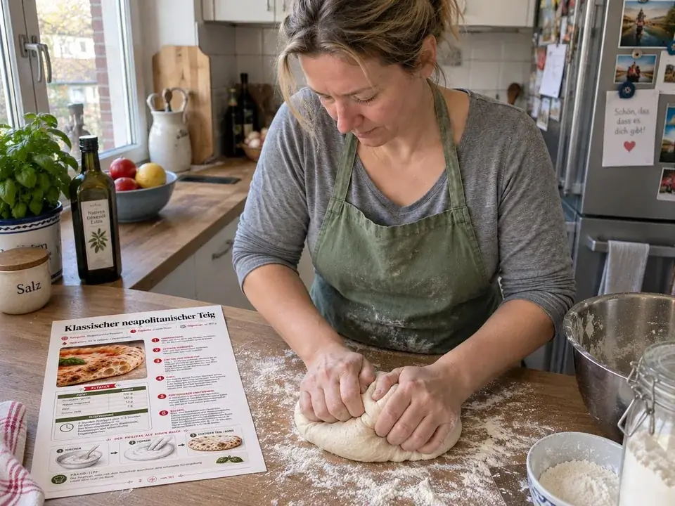 Eine Frau knetet zu Hause Pizzateig neben dem ausgedruckten Rezept