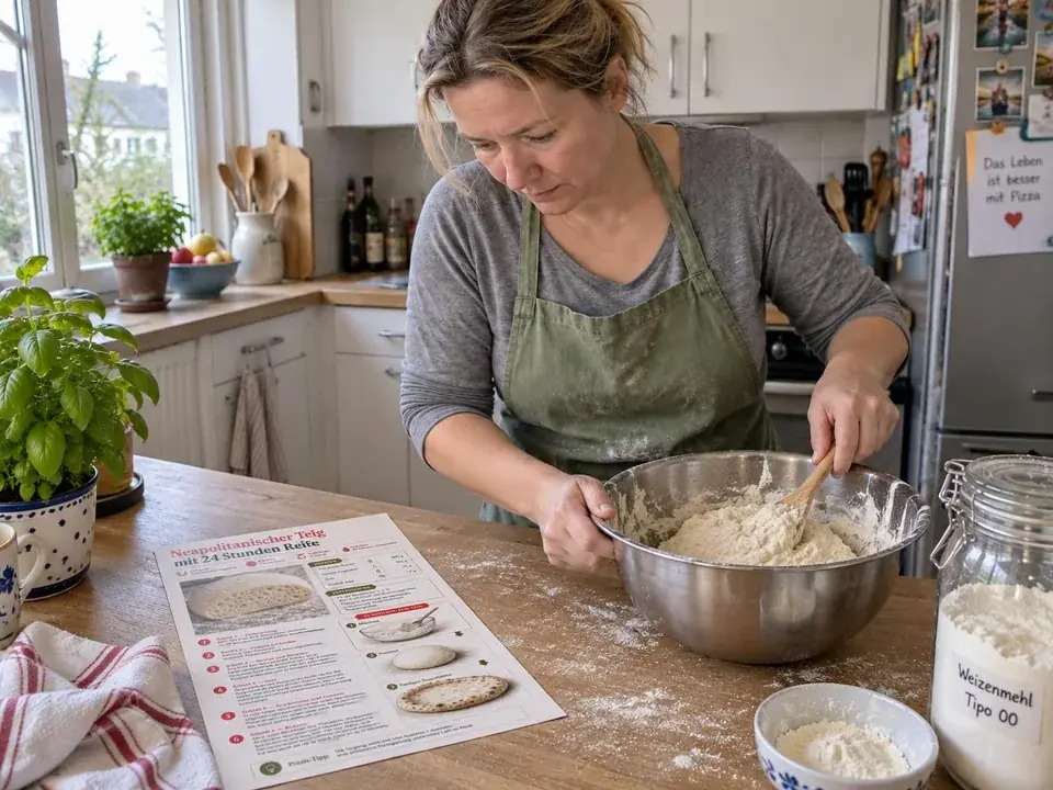 Eine Frau mischt Pizzateig nach dem ausgedruckten Rezept in ihrer Küche
