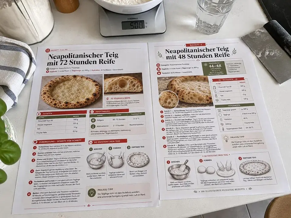 Ausgedruckte A4-Rezepte mit 48 und 72 Stunden Reife auf dem Küchentisch