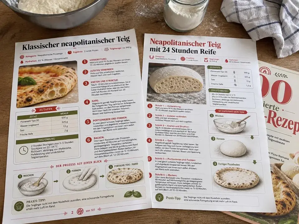 Ausgedruckte Pizzateig-Rezepte im A4-Format auf einem Holztisch