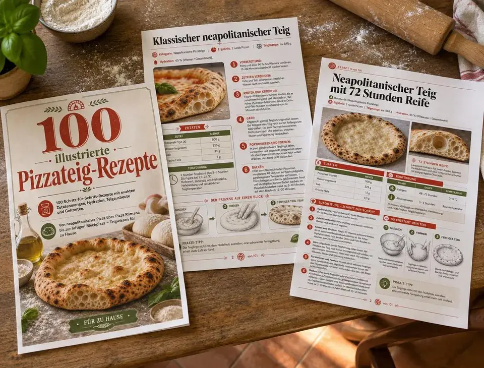 Ausgedruckte Pizzateig-Rezepte im A4-Format auf einem Holztisch in der Küche